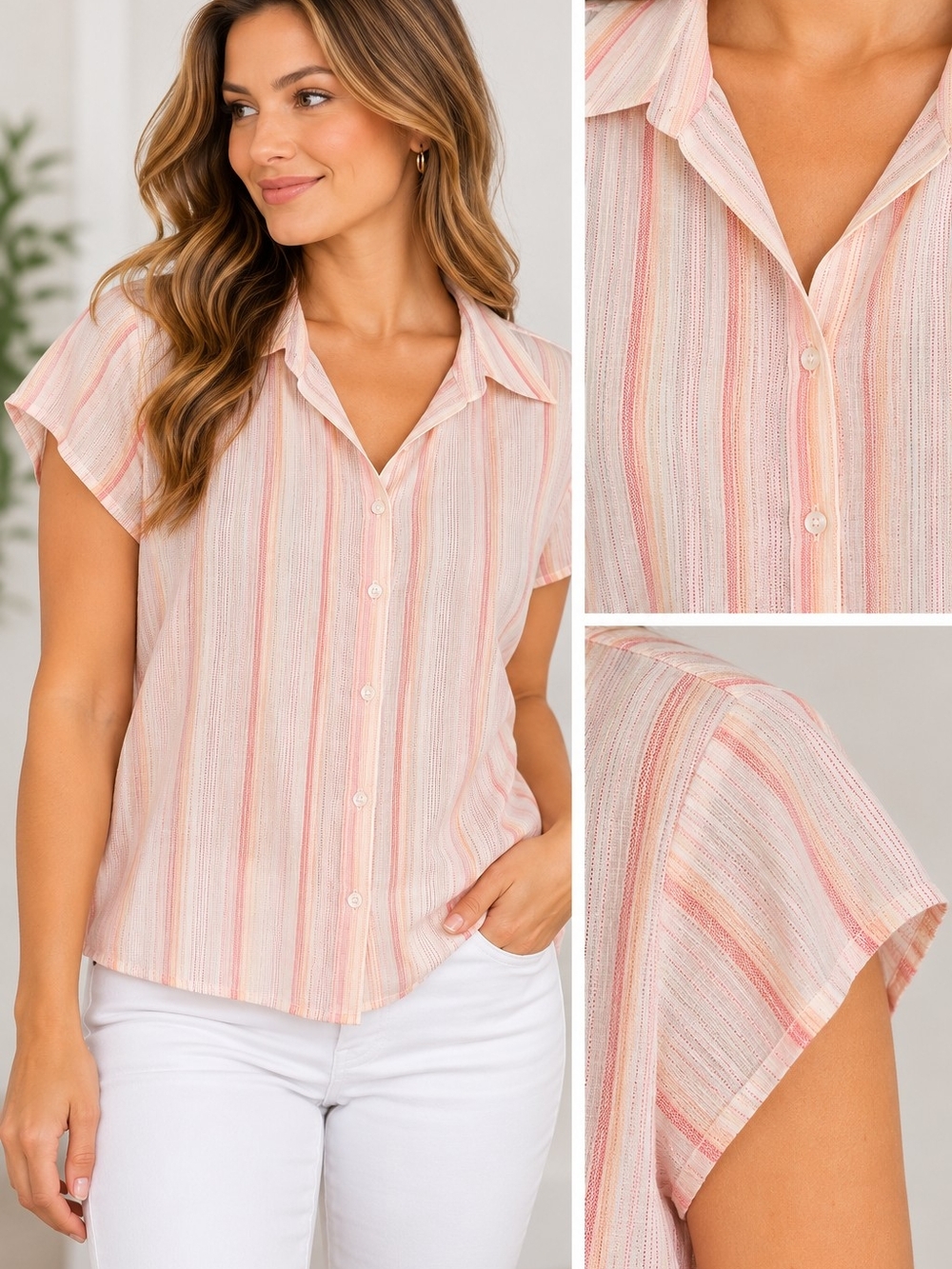 New York & Company Pink Striped Button Front Blouse Top NWT Size L